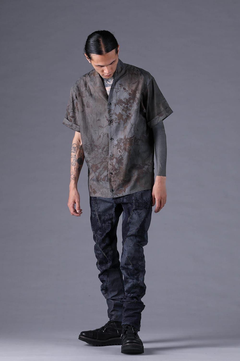 《2027SS先行予約分》Inkjet-Printed Shawl-Collar S/S Shirt "Charcoal" / インクジェットプリントショールカラーショートスリーブシャツ"チャコール"