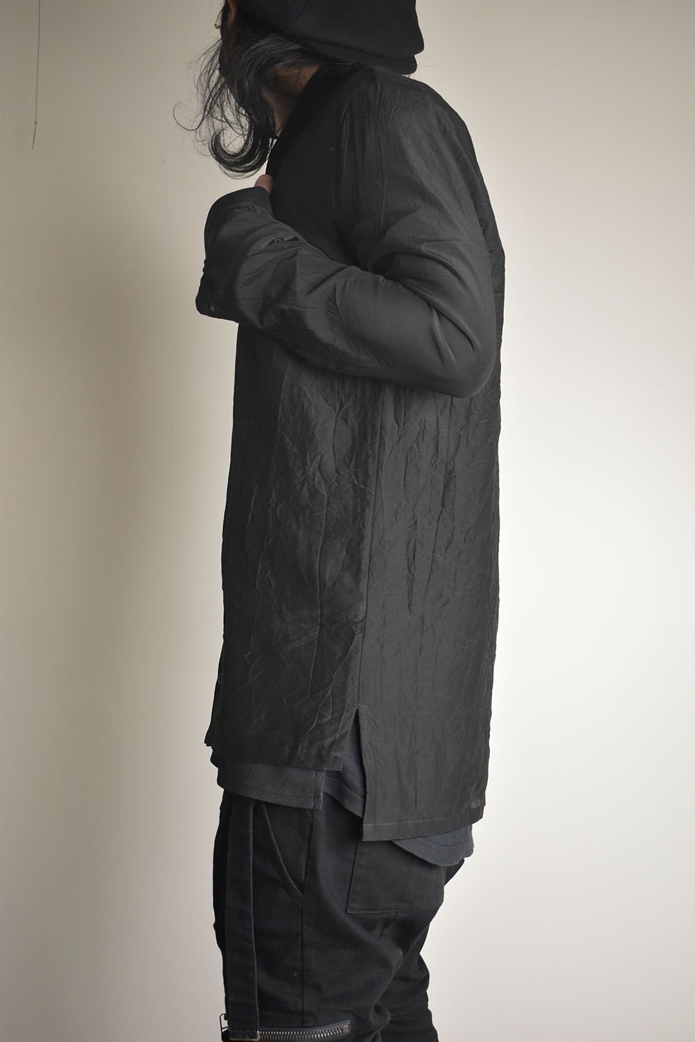 Silk Cotton Washer Shawl Collar Shirt"Black" / シルクコットンワッシャーショールカラーシャツ"ブラック"