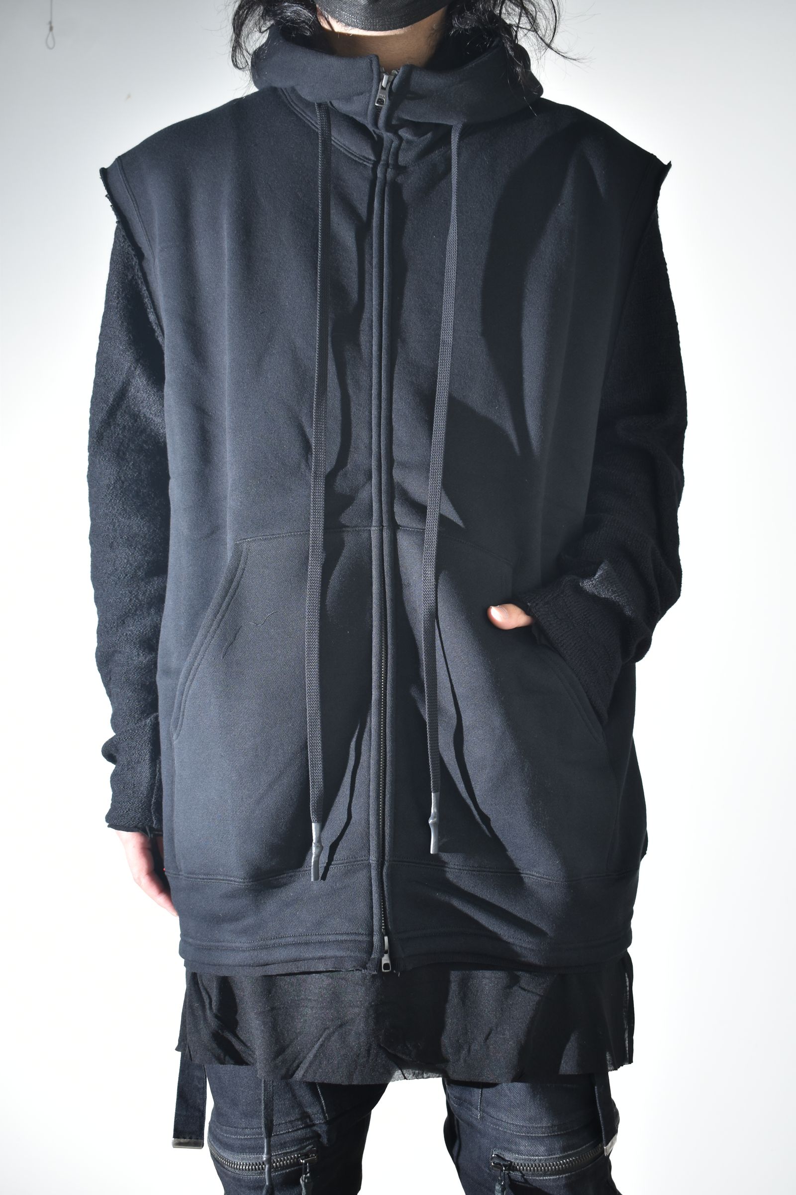 Over Size Sleeve Less Zip Up Parker"Black" / オーバーサイズスリーブレスジップアップパーカー"ブラック"