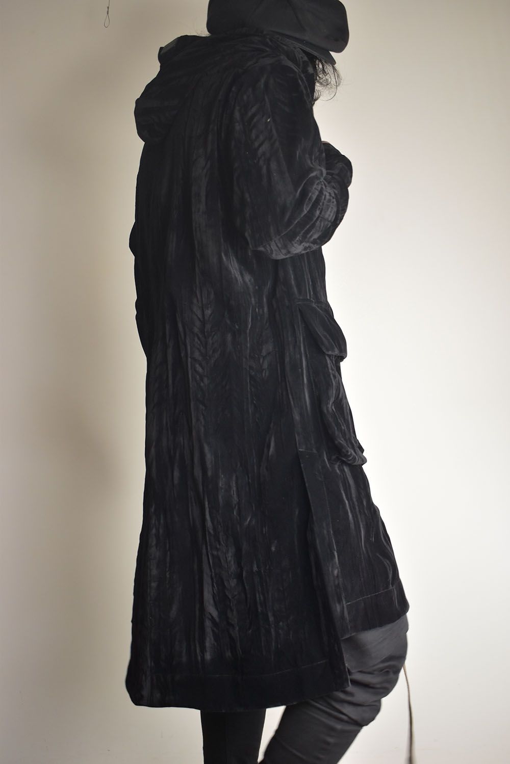 Washer Velour Hooded Long Jacket"Black" / ワッシャーベロアフーデッドロングジャケット"ブラック"