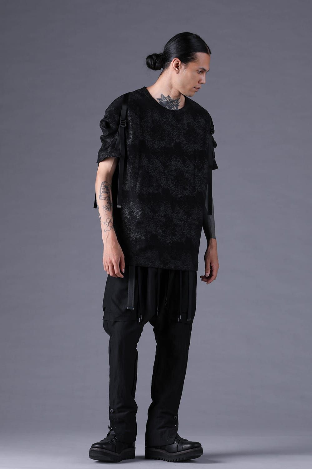 《2027SS先行予約分》Crack-Coated Jersey Belt-Adjustable S/S T-Shirt"Black" / クラックコーティングジャージーベルトアジャストショートスリーブTee"ブラック"