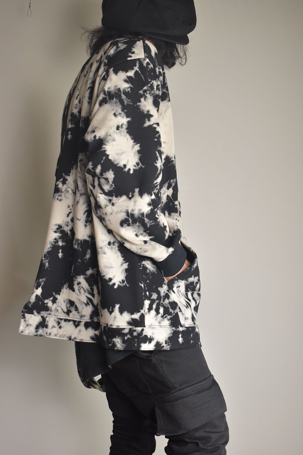 Discharge Pinting Asymmetry Crew Neck Top"Black×Ivory" /ディスチャージプリントアシンメトリークルーネックトップ"ブラック×アイボリー"