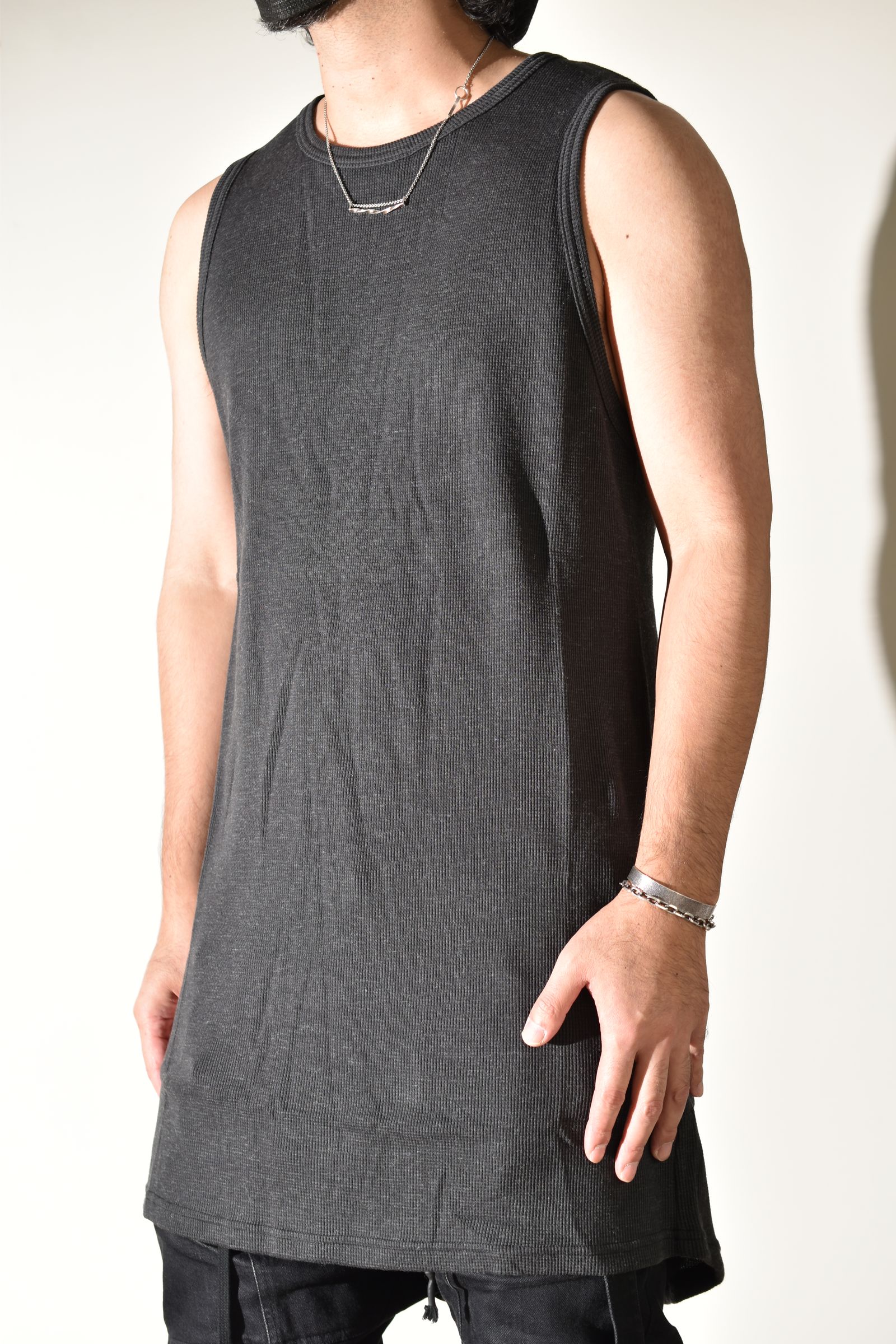 Back Printed Waffle Jersey Long Tank Top"D.Grey" バックプリントワッフルジャージーロングタンクトップ"ダークグレー"