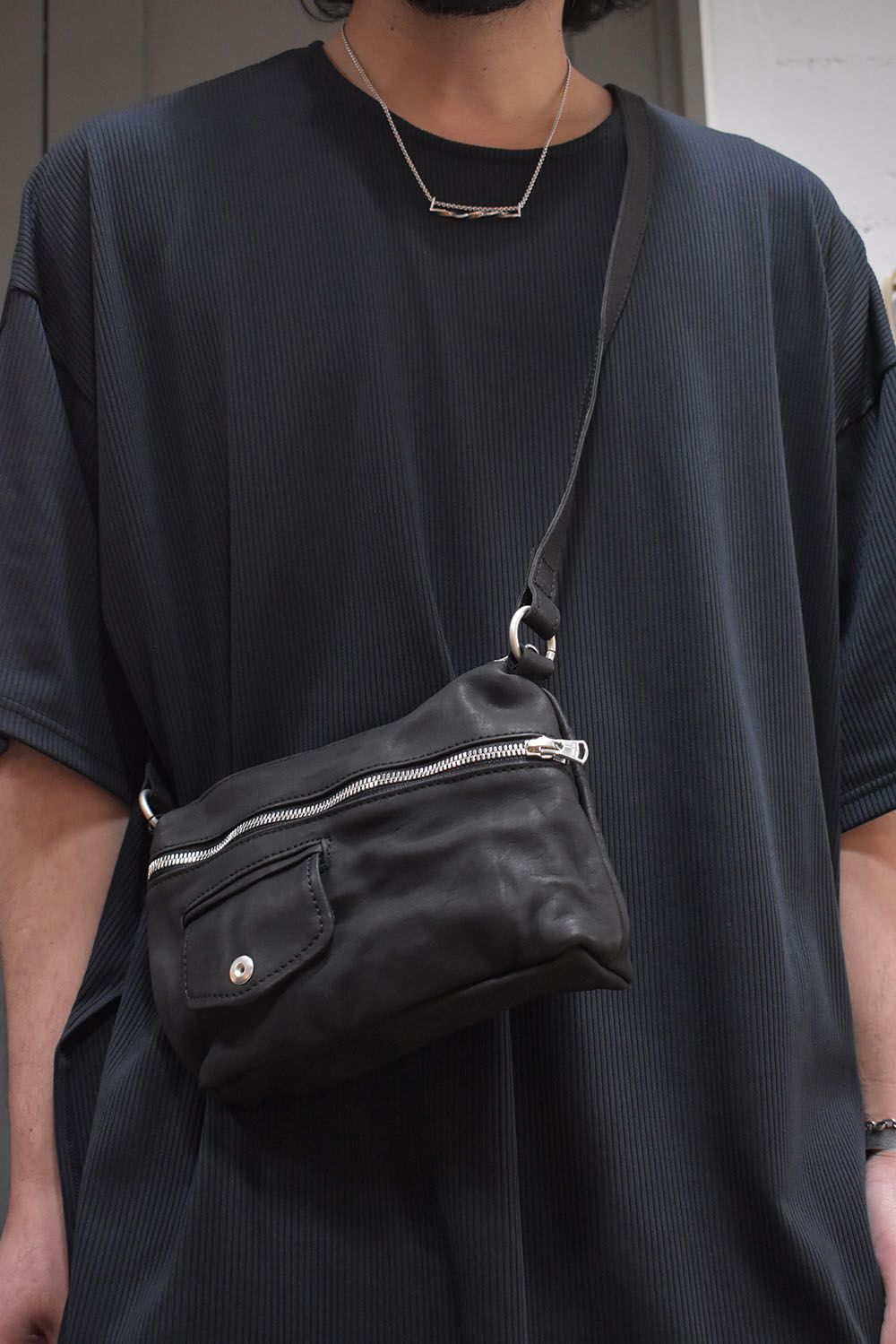 Japan Calf Product Wash Rider's Succotch"Black" / ジャパンカーフ製品洗いライダースサコッシュ"ブラック"