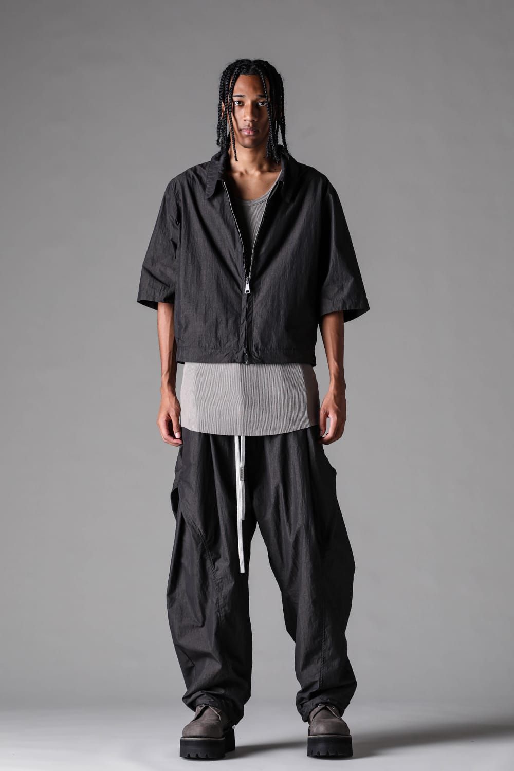 《2027SS先行予約》Cotton Nylon Zip Half Sleeve Shirts"Black" / コットンナイロンジップハーフスリーブシャツブラック"