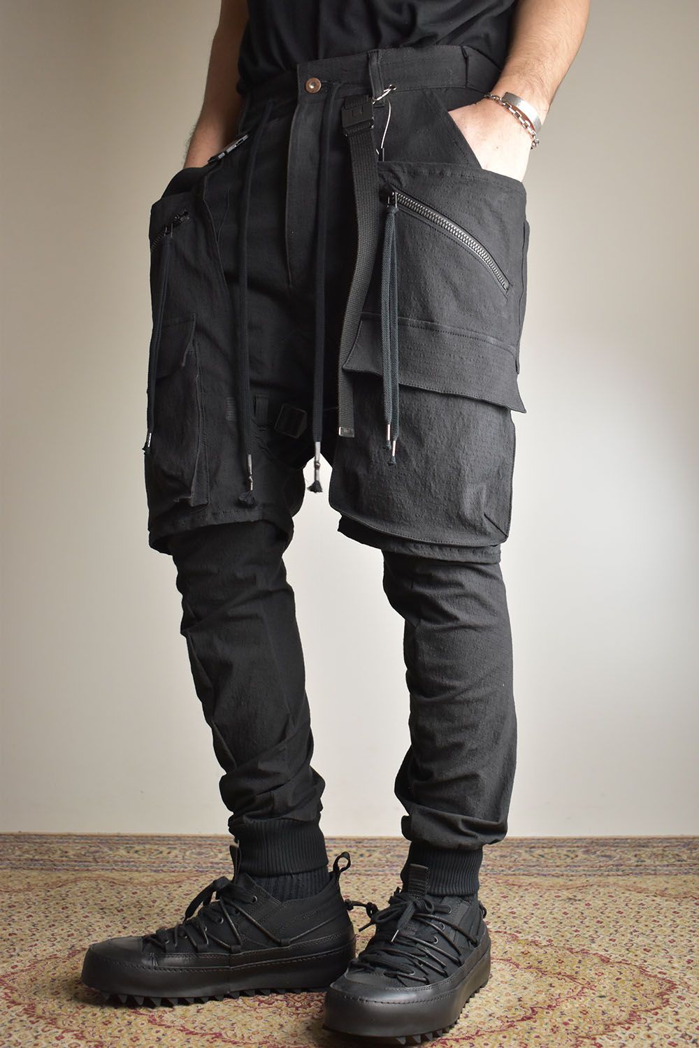 Ripstop Detachable Shorts Layered Cargo Jog Pants"Black" / リップストップデタッチャブルショーツレイヤードカーゴジョグパンツ"ブラック"