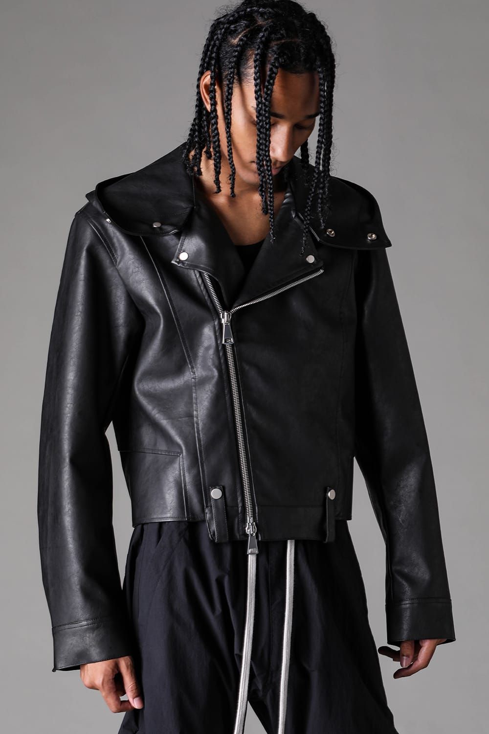 《2027SS先行予約》Vegan Leather Hoodei Double Riders "Black" / ヴィーガンレザーフーディダブルライダース"ブラック"