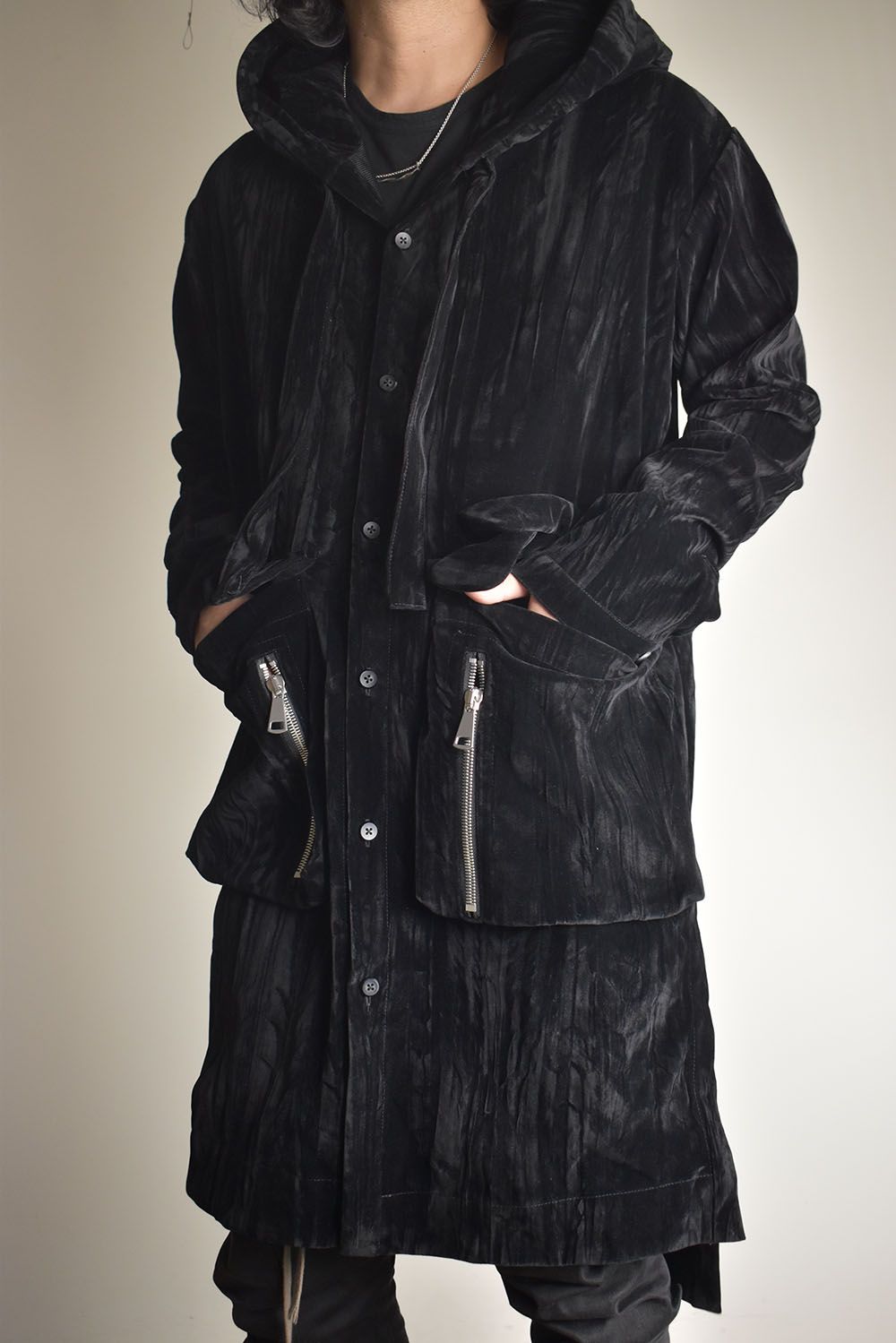 Washer Velour Hooded Long Jacket"Black" / ワッシャーベロアフーデッドロングジャケット"ブラック"