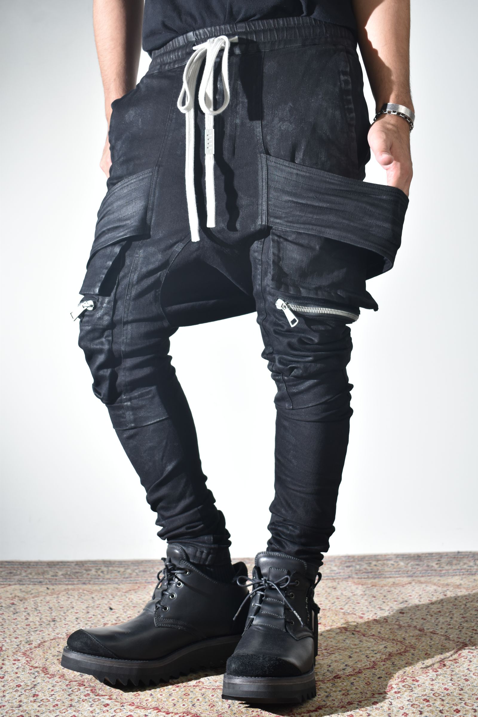 Strtch Denim Coatiing Cargo Sarouel Skinny"Black" / ストレッチデニムコーティングカーゴサルエルスキニー"ブラック"