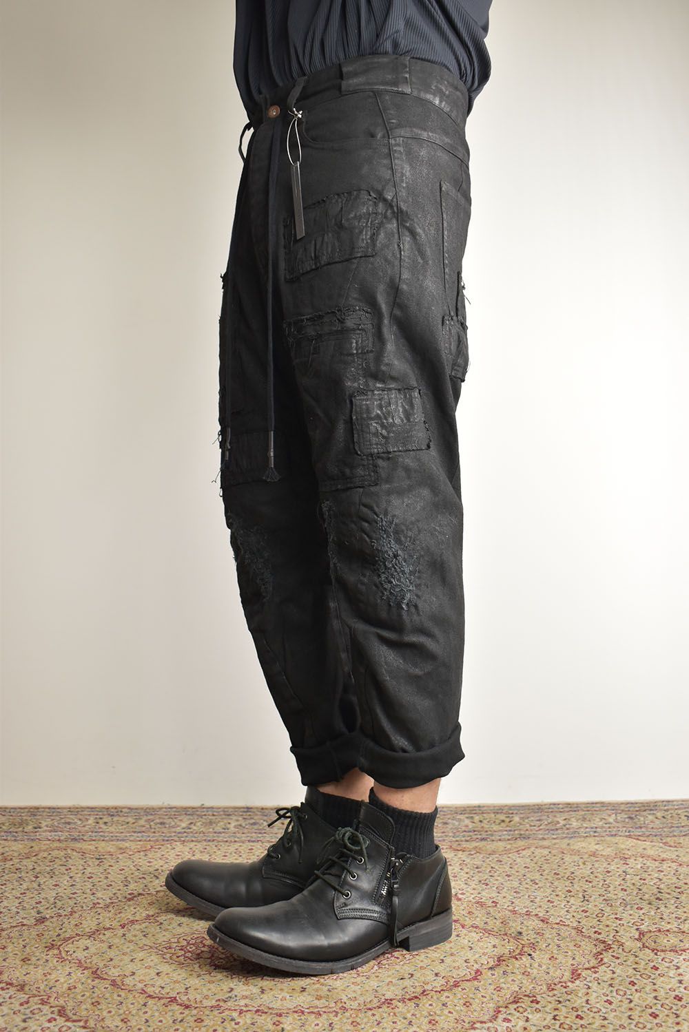 Product Coating Stretch Denim Damage Repair Cropped Pants “Black / 製品コーティングストレッチデニムダメージリペアクロップドパンツ"ブラック"