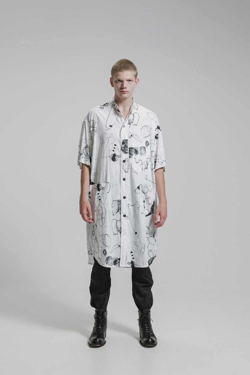 Cotton Twill Ink Jet Short-Sleeved Big Shirt&Dress"White Black" / コットンツイルインクジェット半袖ビッグシャツ / ワンピース"ホワイト ブラック"