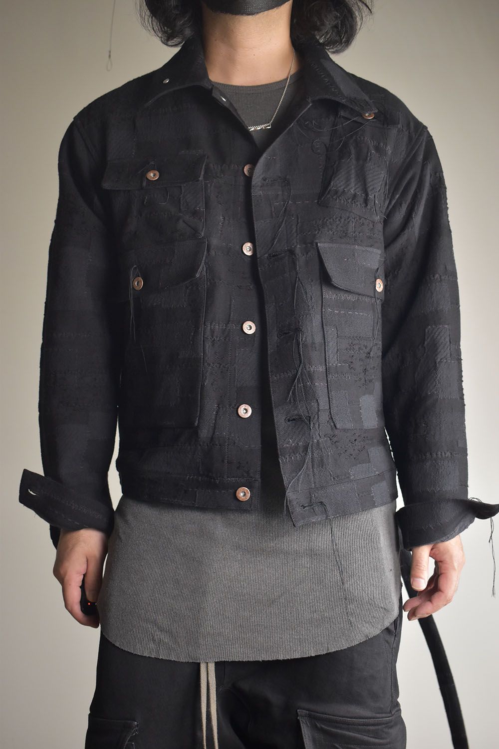 Crust Patchwork Jacquard Hood Attached Jacket "Black" / クラストパッチワークジャガードフードアタッチドジャケット"ブラック"