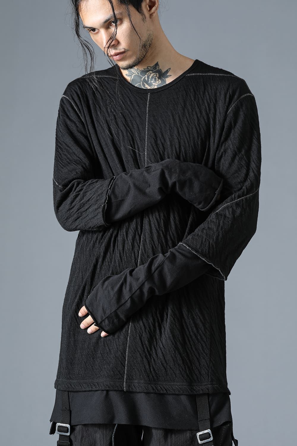 Wool×Cotton Double Face Layered Globe Sleeve Tee"Black/"ウール×コットンダブルフェイスレイヤードグローブスリーブTシャツ"ブラック"