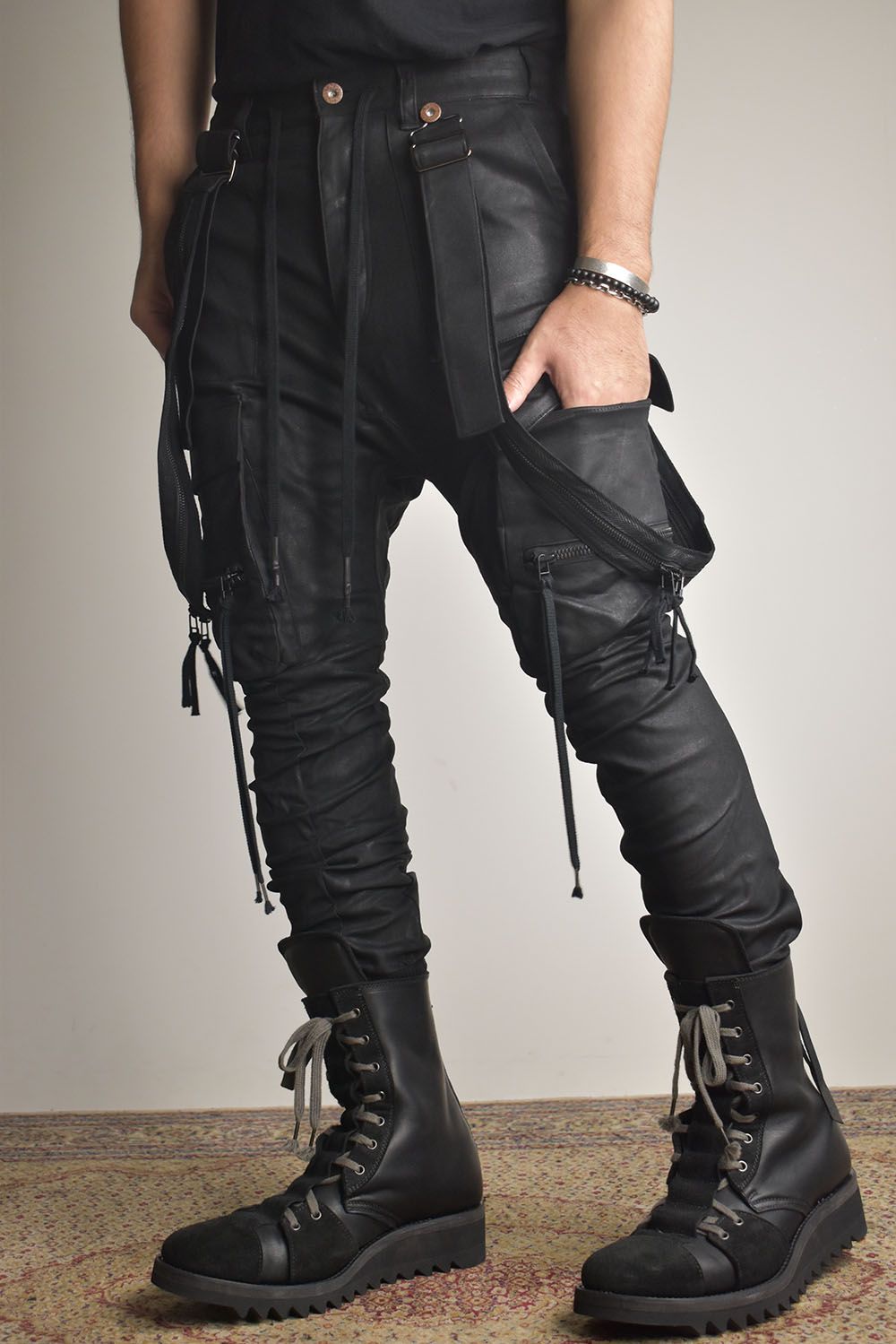 Product Coated Suspenders Cargo Jog Pants "Black" / 製品コーティングサスペンダーベルトカーゴジョグパンツ"ブラック"