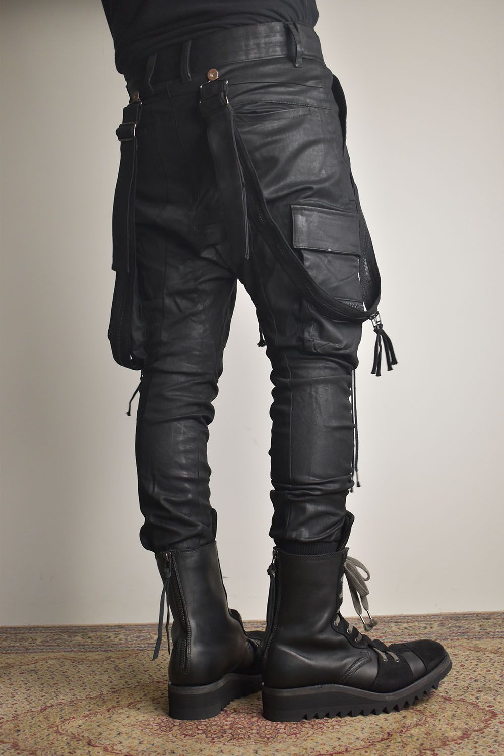 Product Coated Suspenders Cargo Jog Pants "Black" / 製品コーティングサスペンダーベルトカーゴジョグパンツ"ブラック"