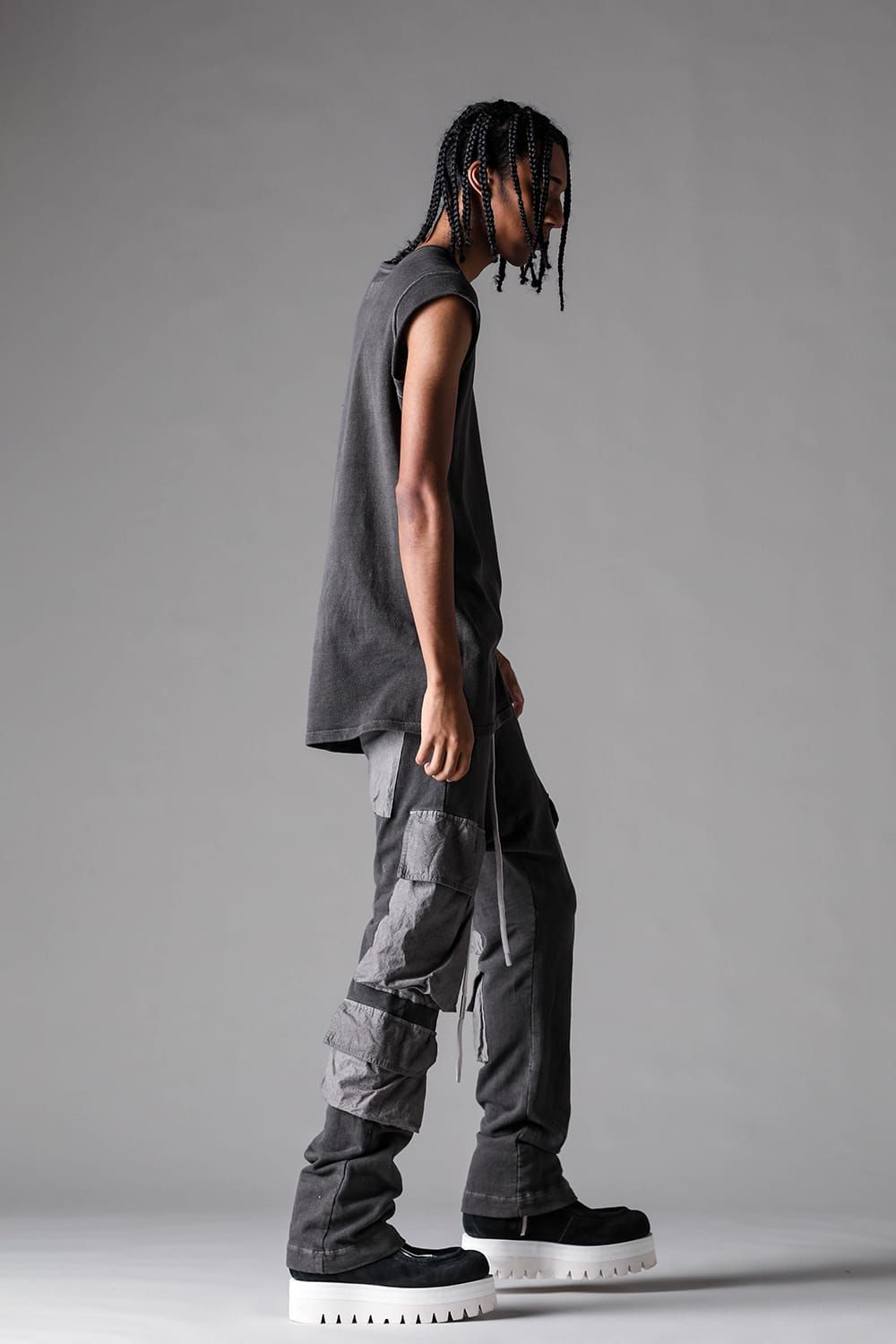 《2027SS先行予約》Sumi Dyed Lightweight French Terry Sarrouel Flare Cargo Pants"L.Grey  / D.Grey" / 墨染ミニ裏毛サルエルフレアカーゴパンツ"ライトグレー / ダークグレー"