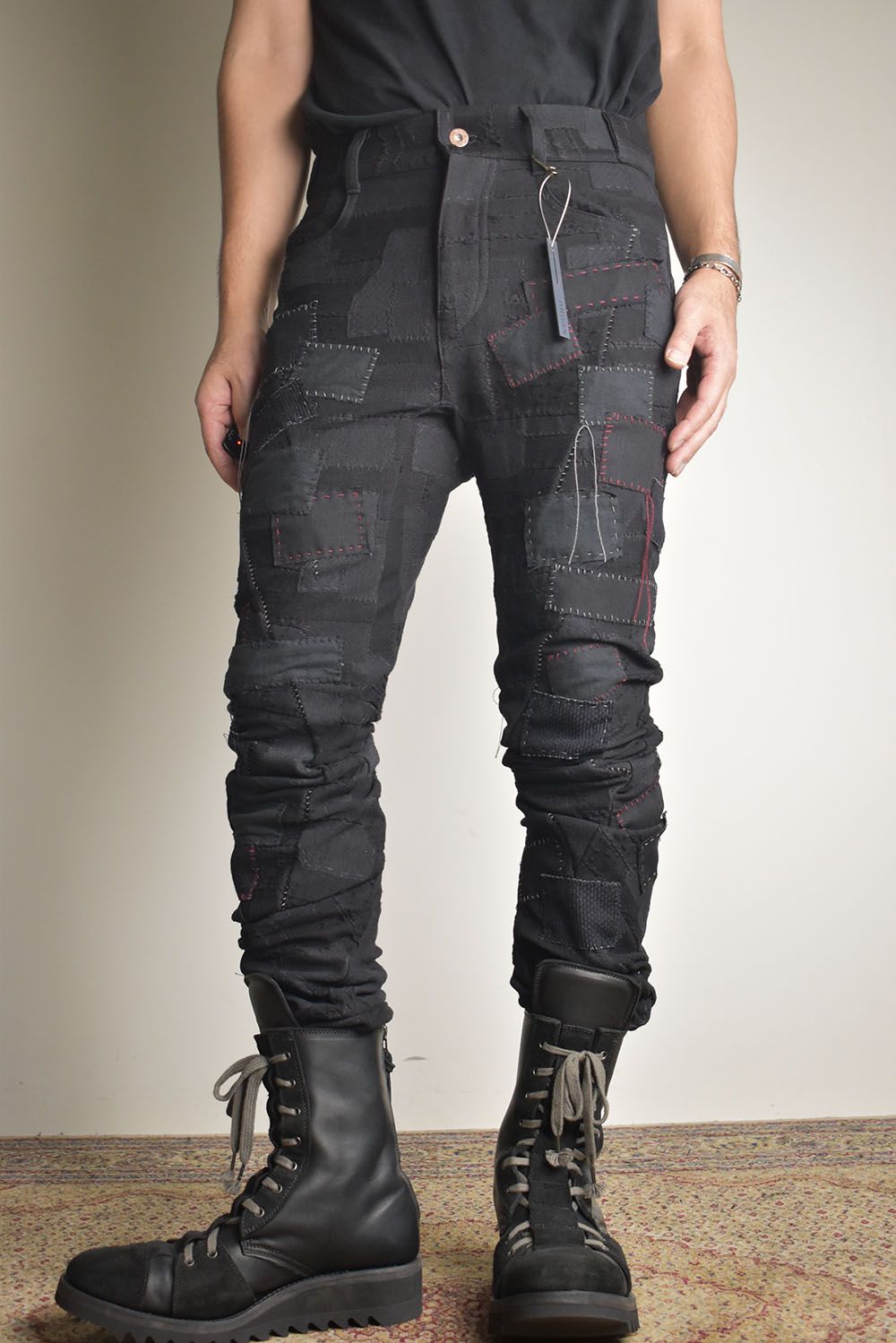 Hand Patchwork Crust Jacquard Overlock Twist Curve Pants "Black" / ハンドパッチワーククラストジャガードオーバーロックツイストカーブパンツ"ブラック"