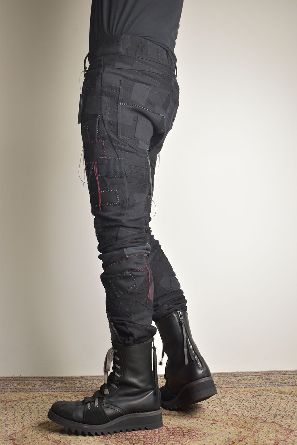 Hand Patchwork Crust Jacquard Overlock Twist Curve Pants "Black" / ハンドパッチワーククラストジャガードオーバーロックツイストカーブパンツ"ブラック"