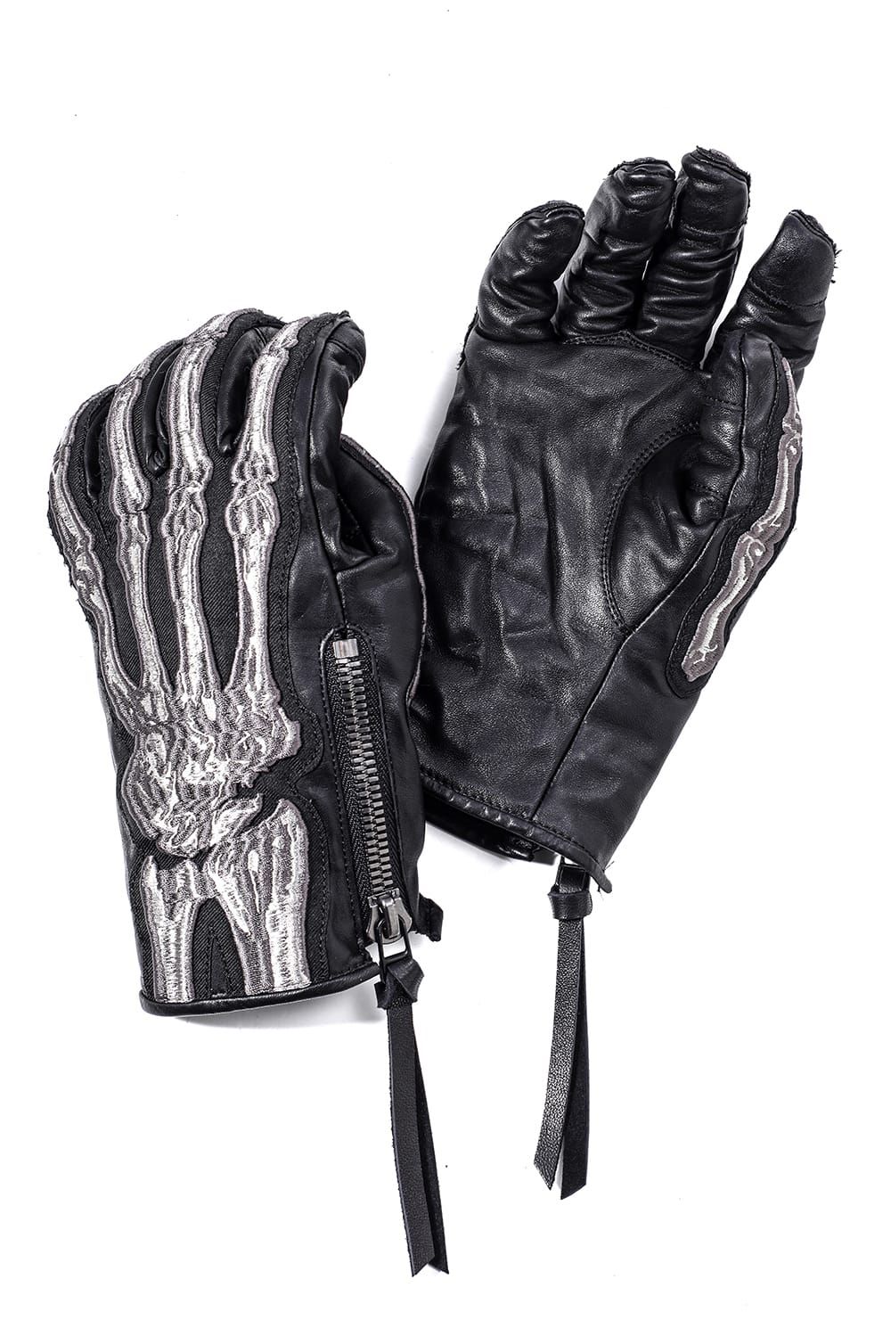 Horse Leather Embroidered Bone Gloves"Black" / ホースレザー刺繍ボーングローブ"ブラック"