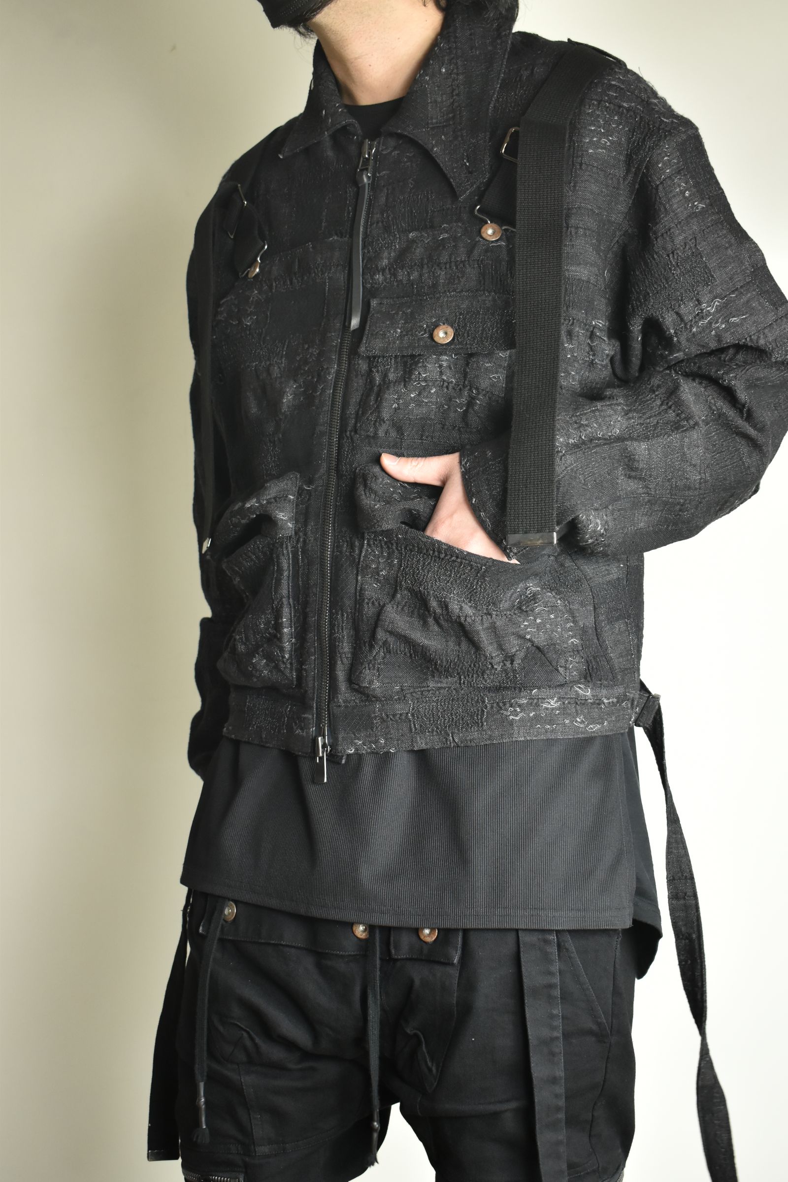 Crust Jacquard Salopette Layered Jacket"Black" / クラストジャガードサロペットレイヤードジャケット"ブラック"
