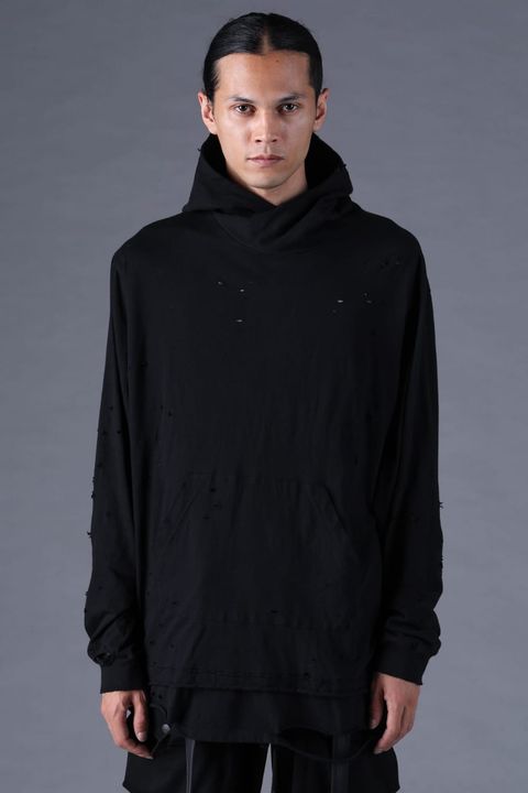 《2027SS先行予約分》Soft Cotton Jersey Shotgun-Damage Hoodie"Black" / ソフトコットンジャージショットガンダメージフーディー"ブラック"