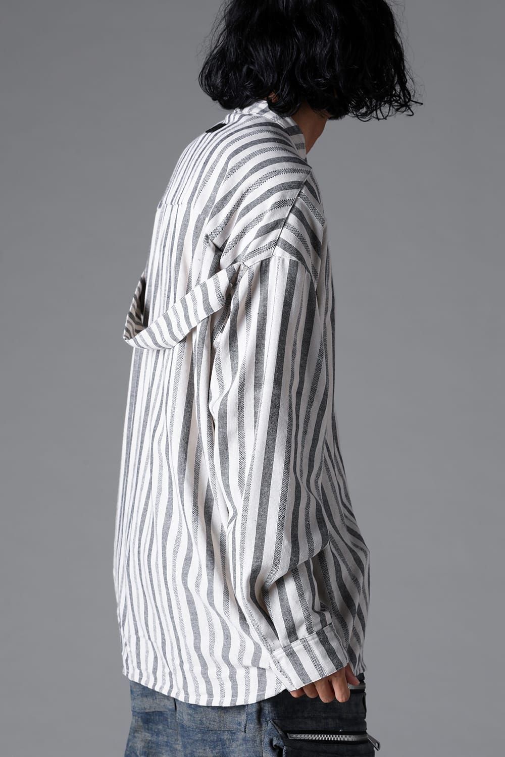 《2026SS先行予約》Vertical Stripes Stand Collar Shirts "Cream×L.Grey" / バーティカルストライプスタンドカラーシャツ"クリーム×グレー"