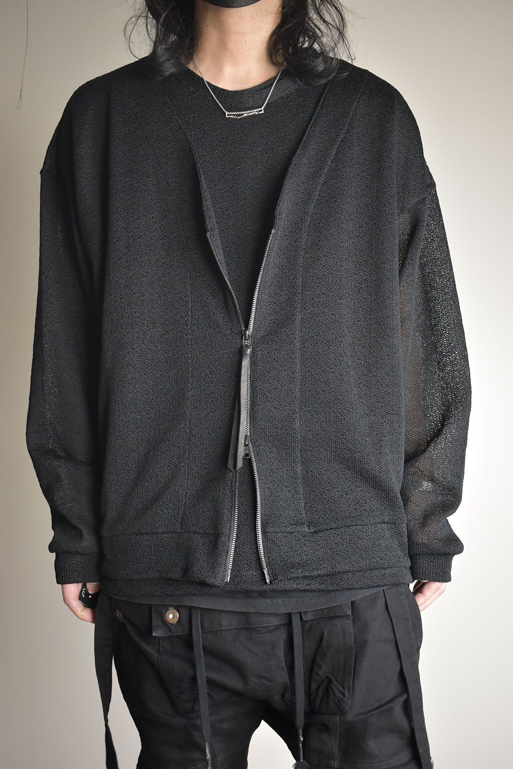 Cotton Low Gauge Knit Cardigan Layered Pullover"Black" / コットンローゲージニットカーディガンレイヤードプルオーバー"ブラック"