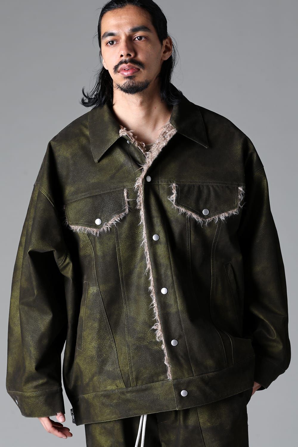 《2025AW先行予約》Synthetic Leather Jumbo Jacket"Black/Khaki" / シンセティックレザージャンボジャケット"ブラック/カーキ"