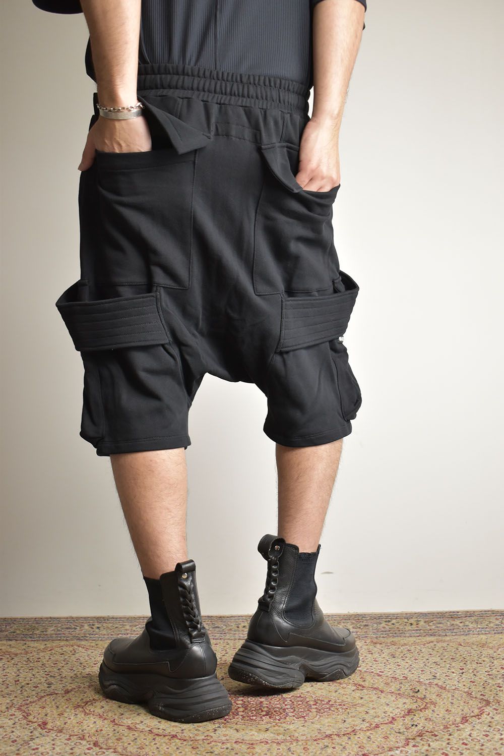 Belt Cargo Sweat Sarouel Shorts"Black" / ベルトカーゴスウェットサルエルショーツ"ブラック"