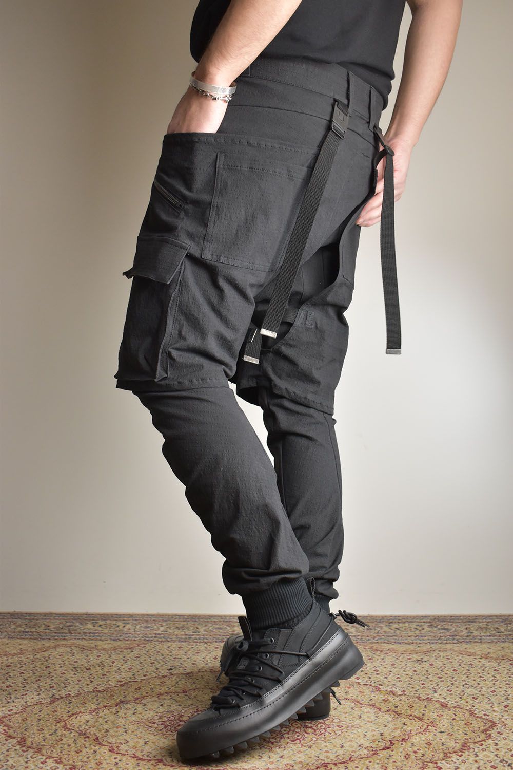 Ripstop Detachable Shorts Layered Cargo Jog Pants"Black" / リップストップデタッチャブルショーツレイヤードカーゴジョグパンツ"ブラック"