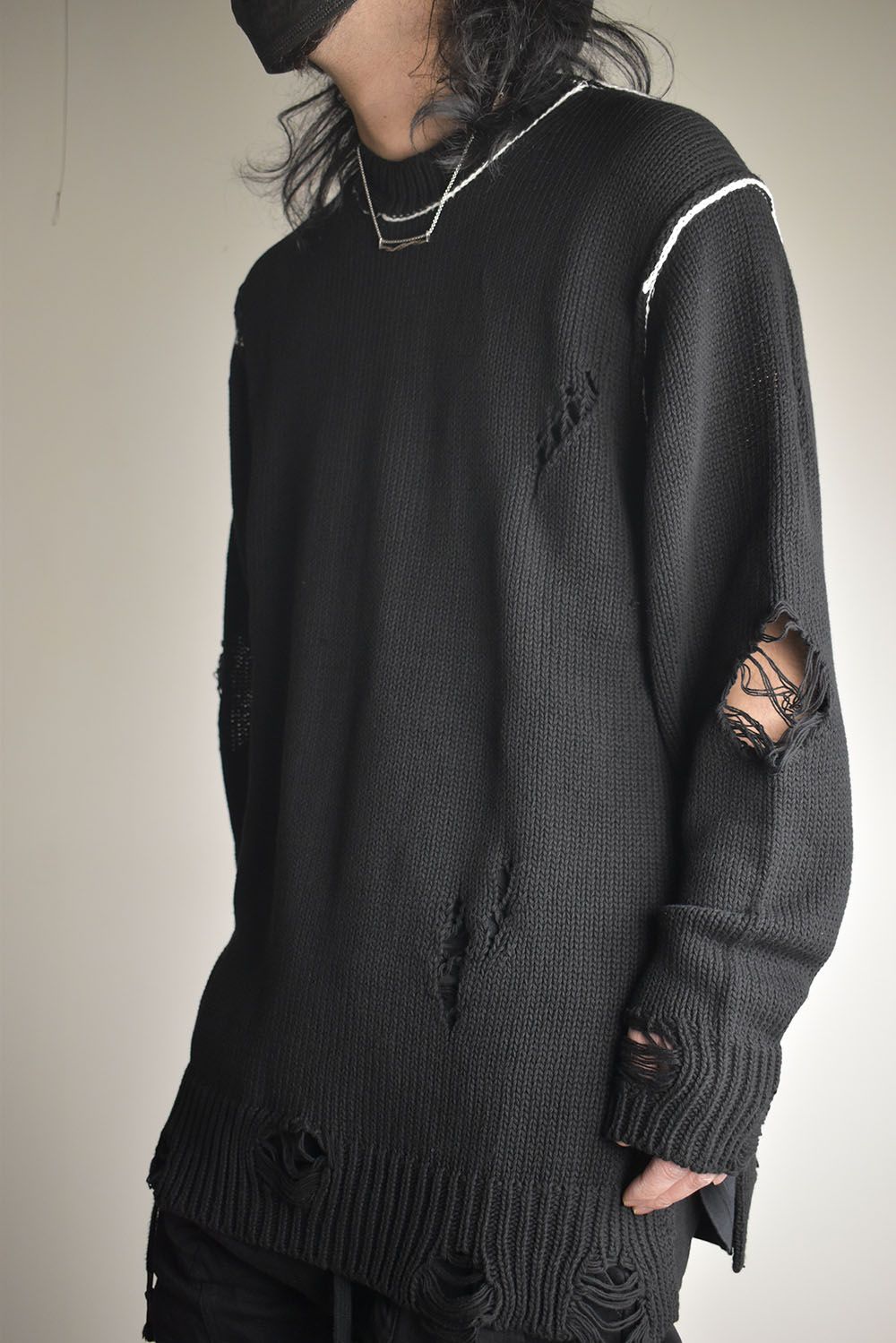 Cotton 3GG Damaged Knit Pullover"Black" / コットン 3GG ダメージニットプルオーバー"ブラック"