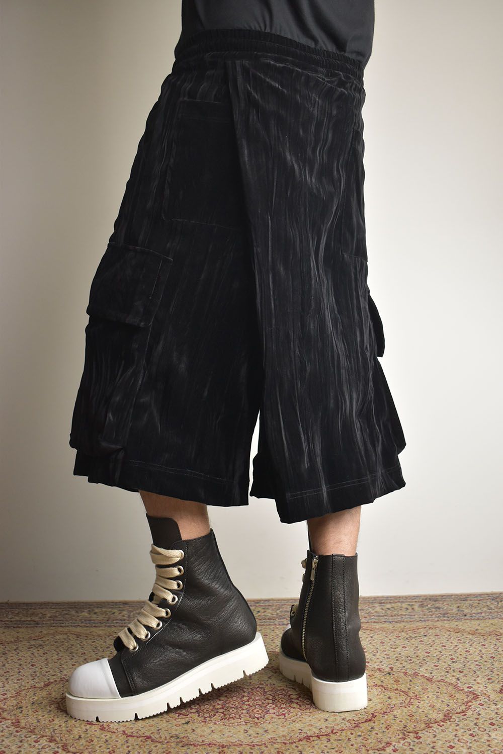 Washer Velour Wrap Skirt Pants"Black" / ワッシャーベロアラップスカートパンツ"ブラック"