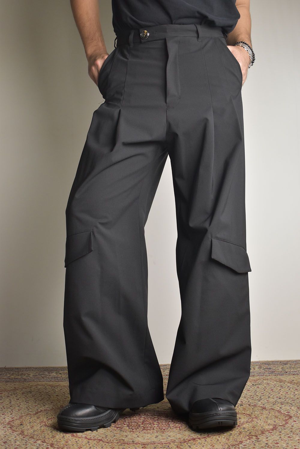 Shingle Flap Baggy Trousers "Black" / シンフラップバギートラウザー"ブラック"
