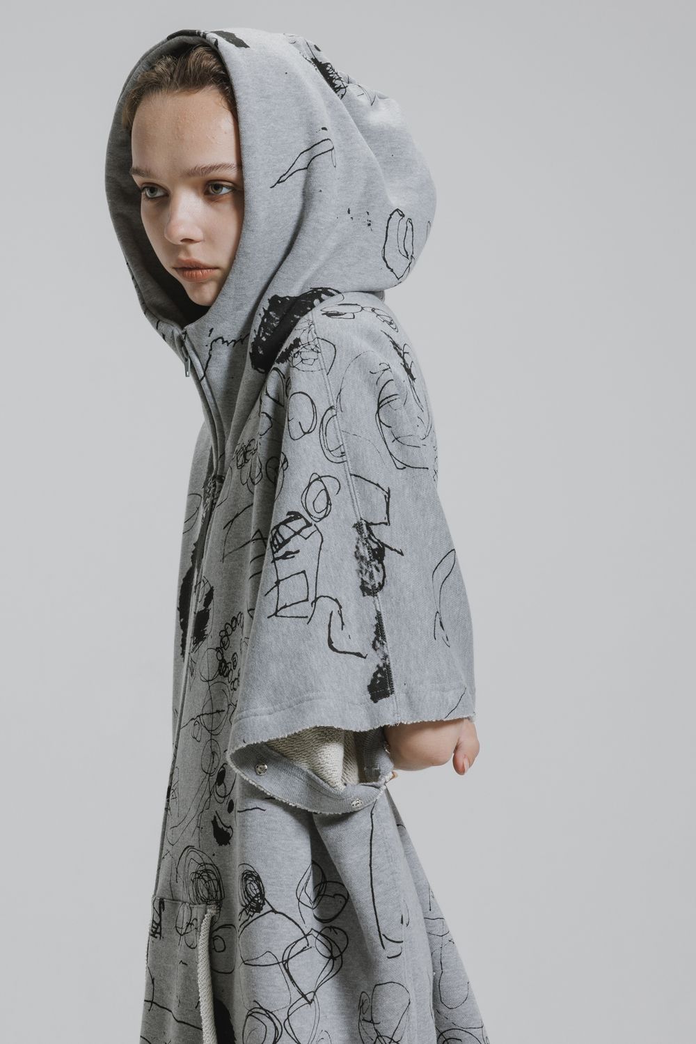 Sweat Oversize Print Zip Up Hoodie"Grey" / スウェットオーバーサイズプリントジップアップパーカ"グレー"