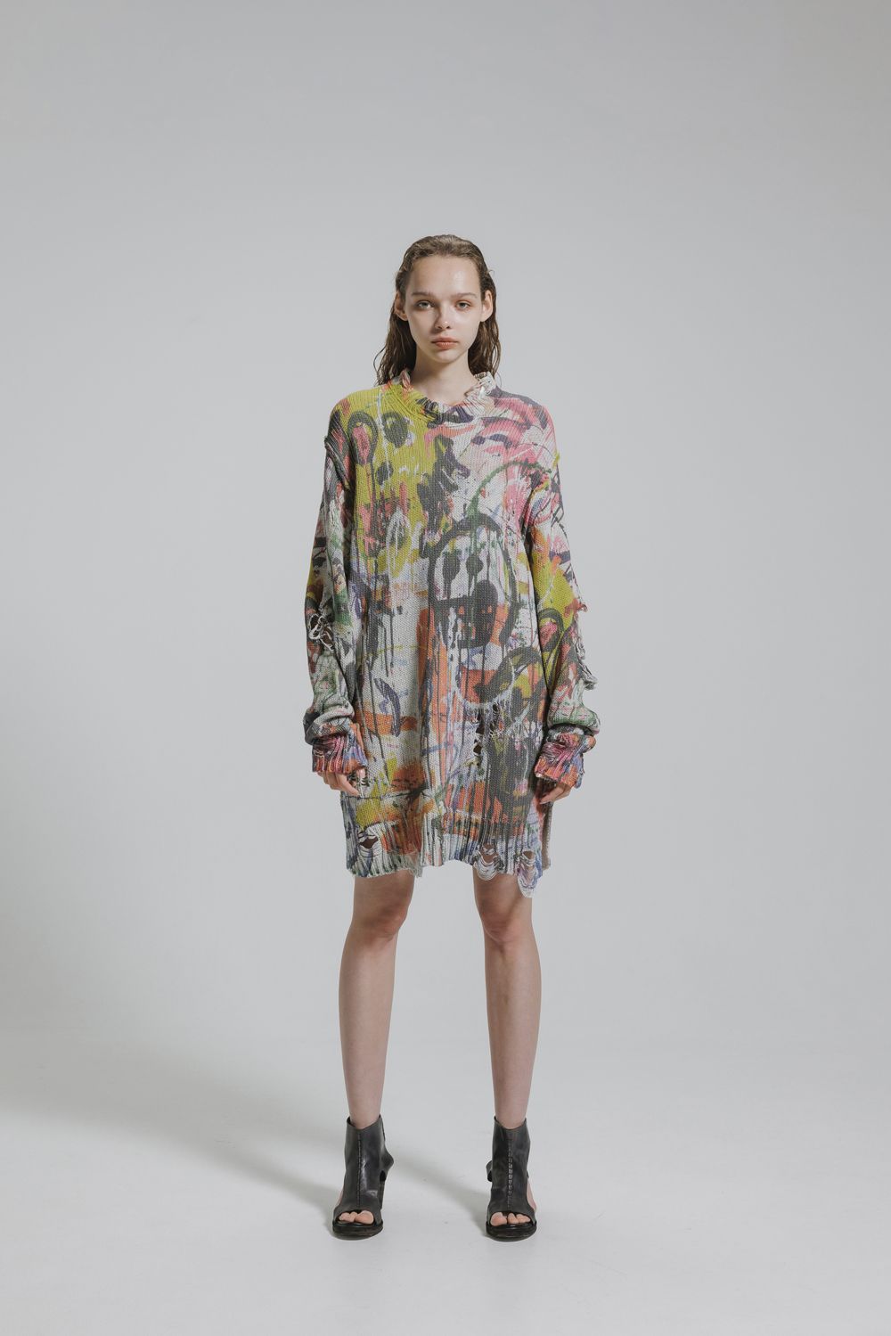 Inkjet Print Cotton 3GG Damaged Knit PulloVer"Color Print" / インクジェットプリント コットン 3GG ダメージニットプルオーバー "カラープリント"