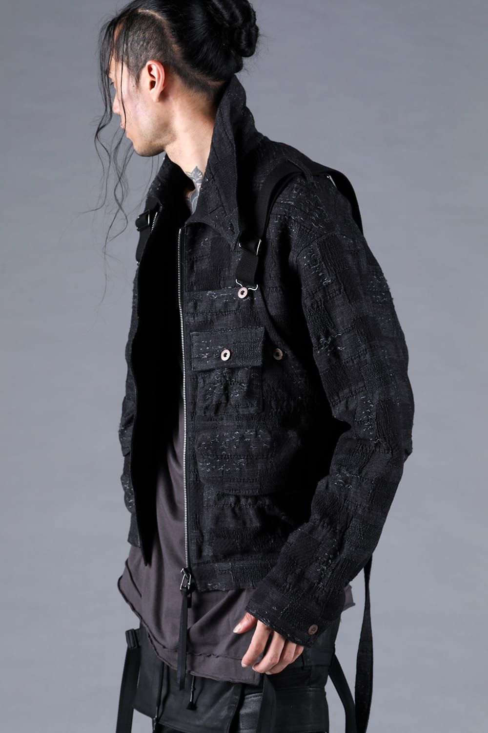 Crust Jacquard Salopette Layered Jacket"Black" / クラストジャガードサロペットレイヤードジャケット"ブラック"