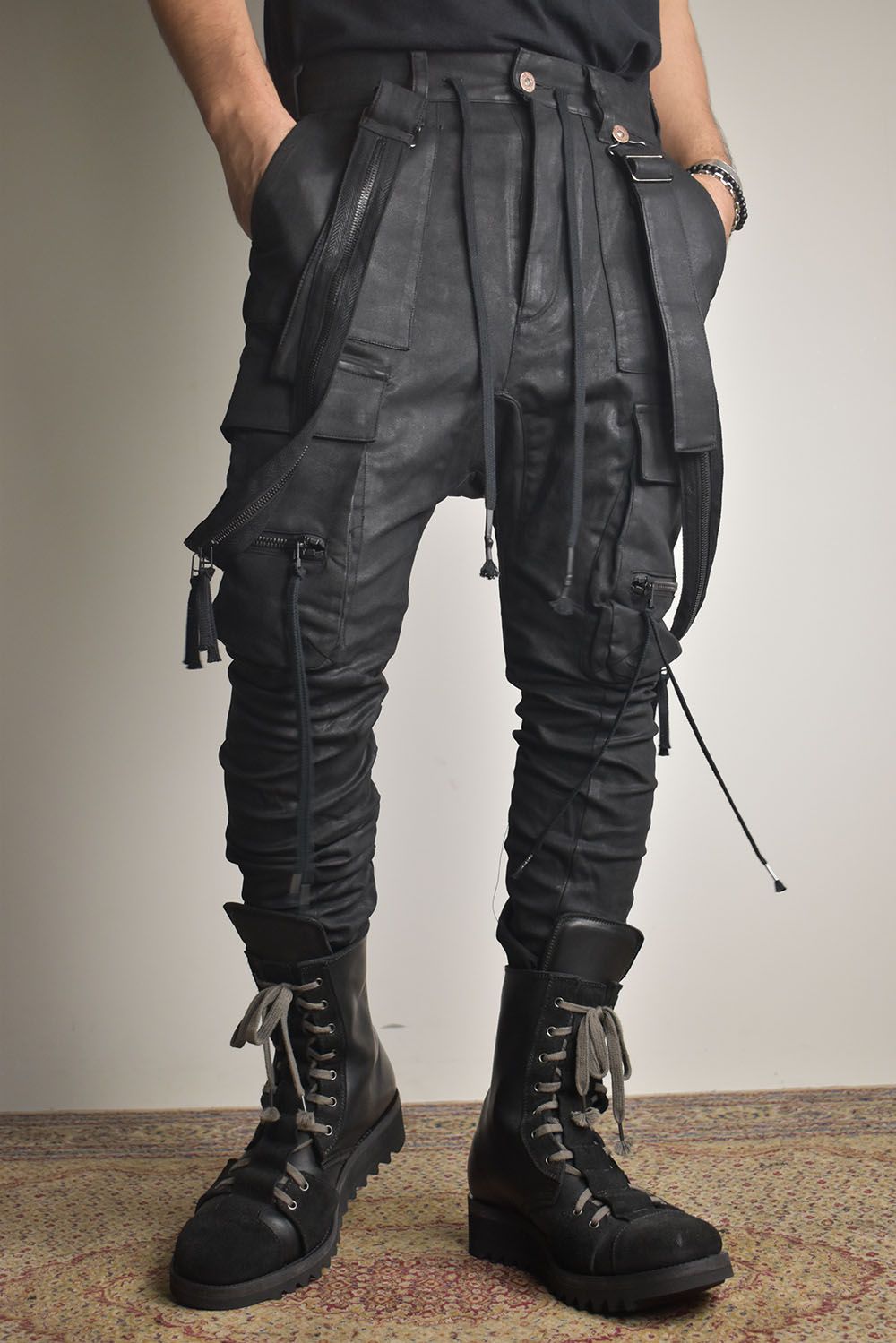 Product Coated Suspenders Cargo Jog Pants "Black" / 製品コーティングサスペンダーベルトカーゴジョグパンツ"ブラック"