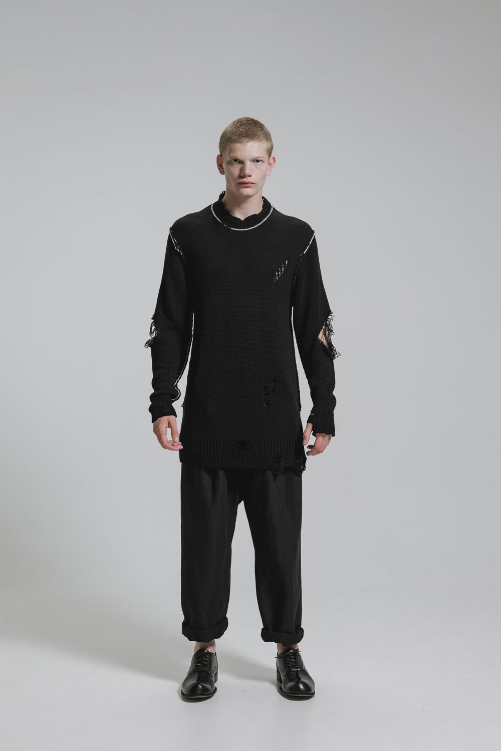 Cotton 3GG Damaged Knit Pullover"Black" / コットン 3GG ダメージニットプルオーバー"ブラック"