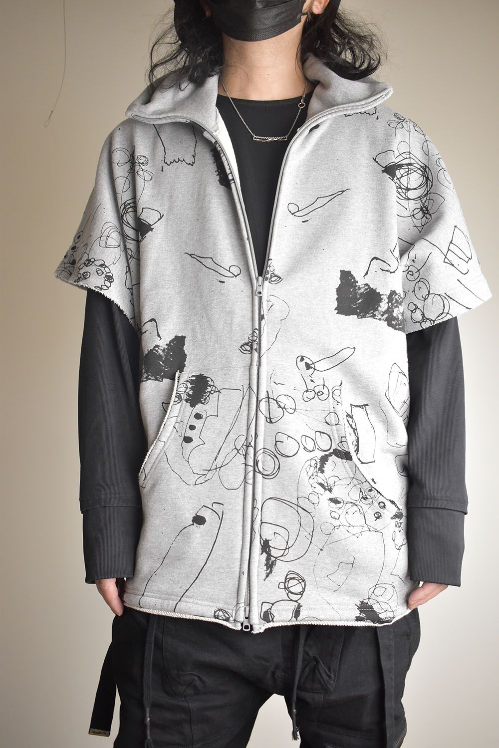 Sweat Oversize Print Zip Up Hoodie"Grey" / スウェットオーバーサイズプリントジップアップパーカ"グレー"