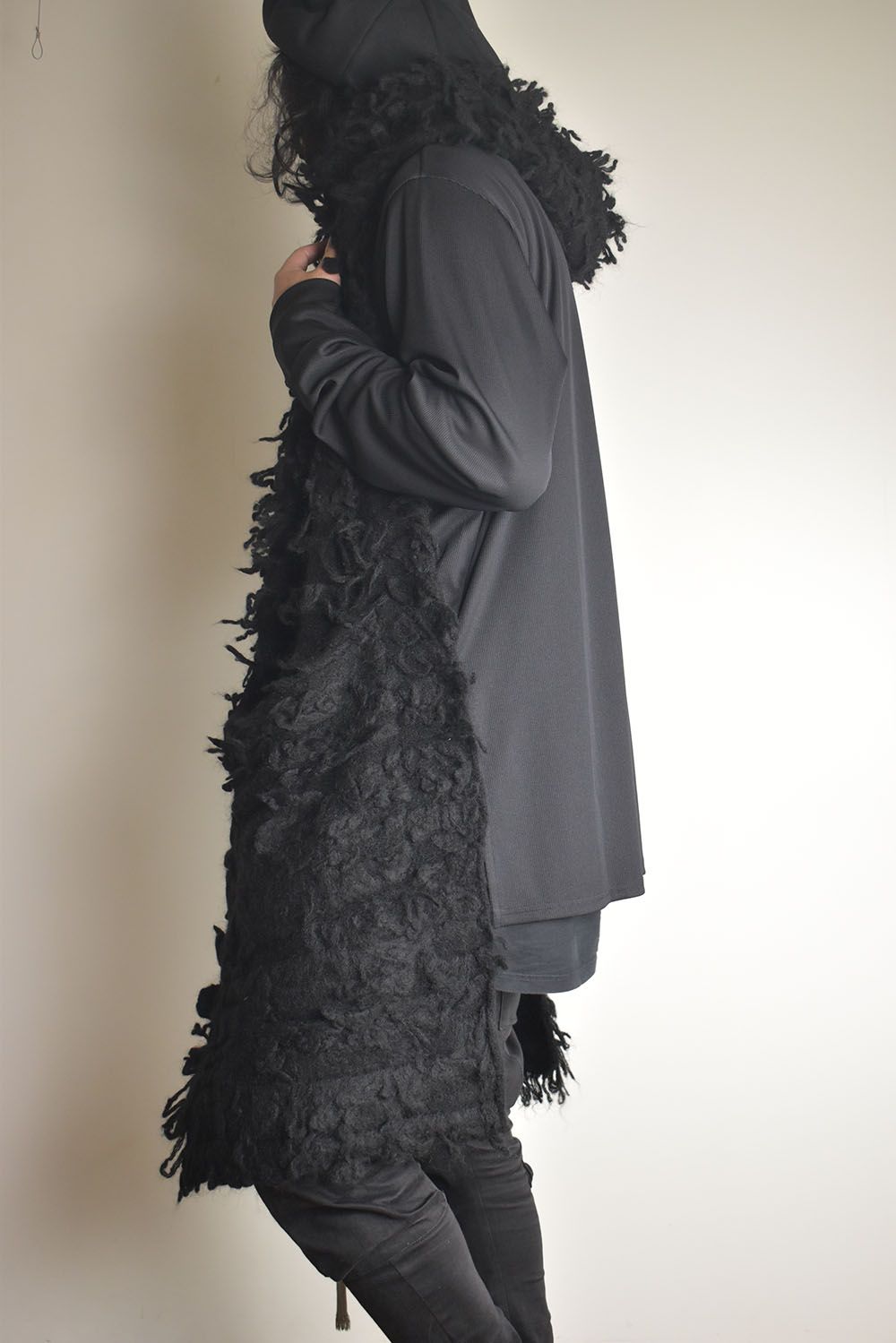5GG Long Pile Knit Hoodie Stole"Black" / ロングパイルニットフーディストール"ブラック"