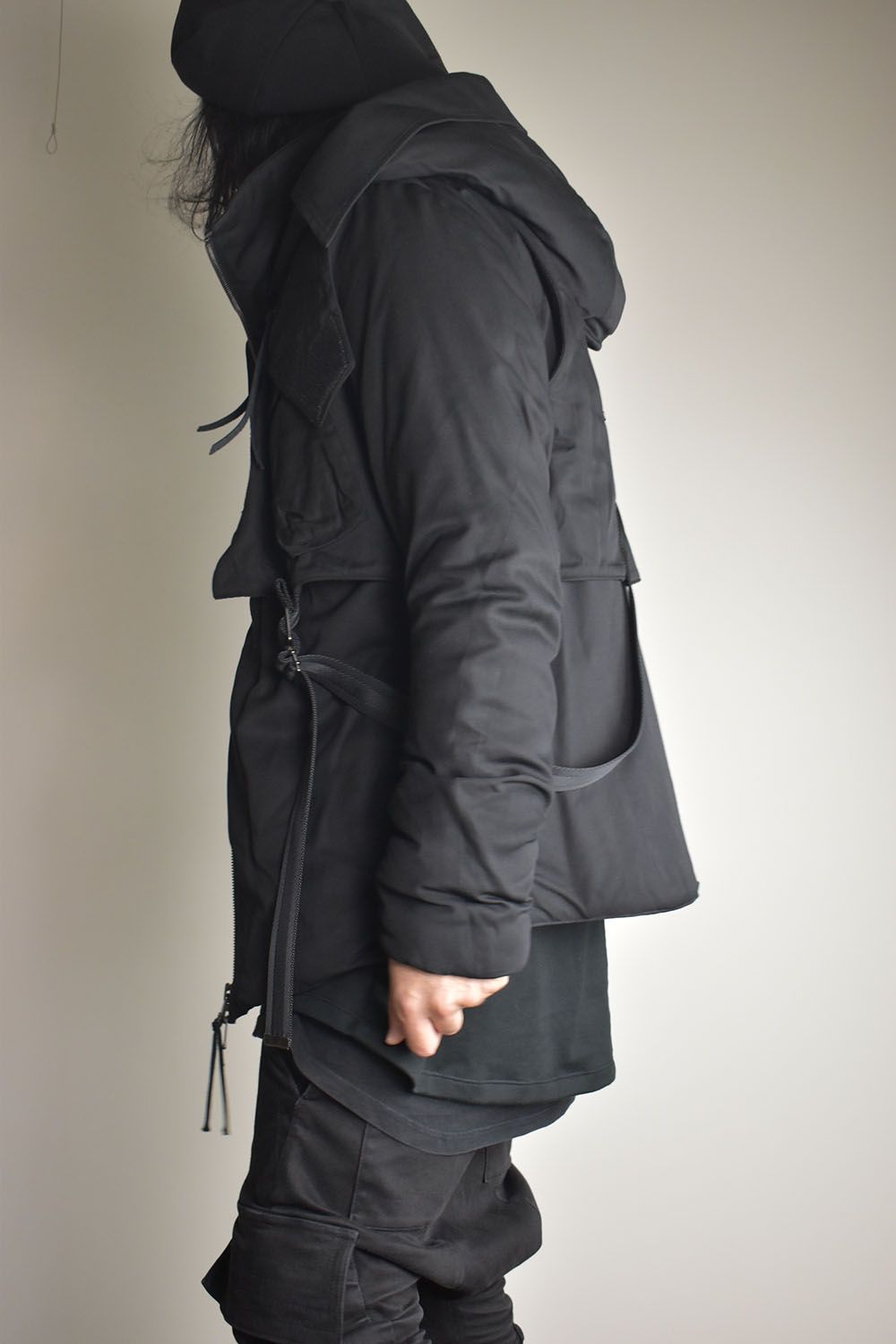 Rayon Twill Vest Hooded Down Jacket "Black" / レーヨンツイルベスト/フードアタッチドダウンジャケット"ブラック"
