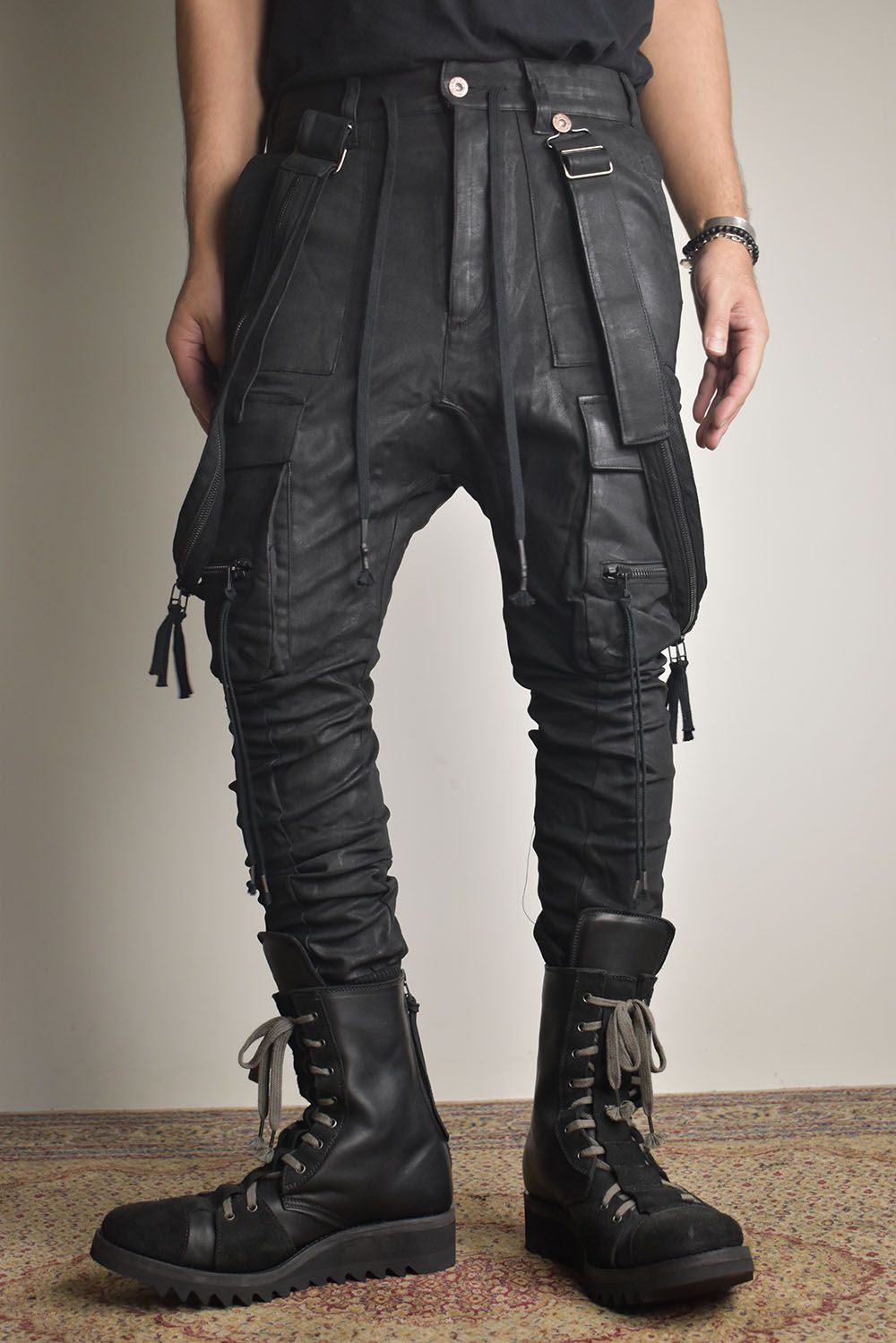 Product Coated Suspenders Cargo Jog Pants "Black" / 製品コーティングサスペンダーベルトカーゴジョグパンツ"ブラック"