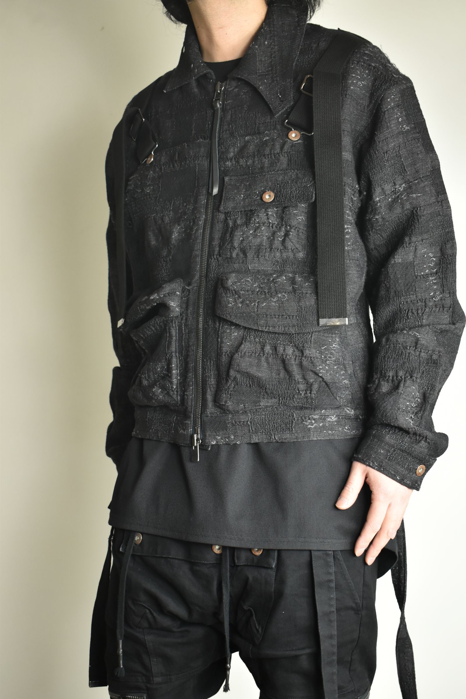 Crust Jacquard Salopette Layered Jacket"Black" / クラストジャガードサロペットレイヤードジャケット"ブラック"