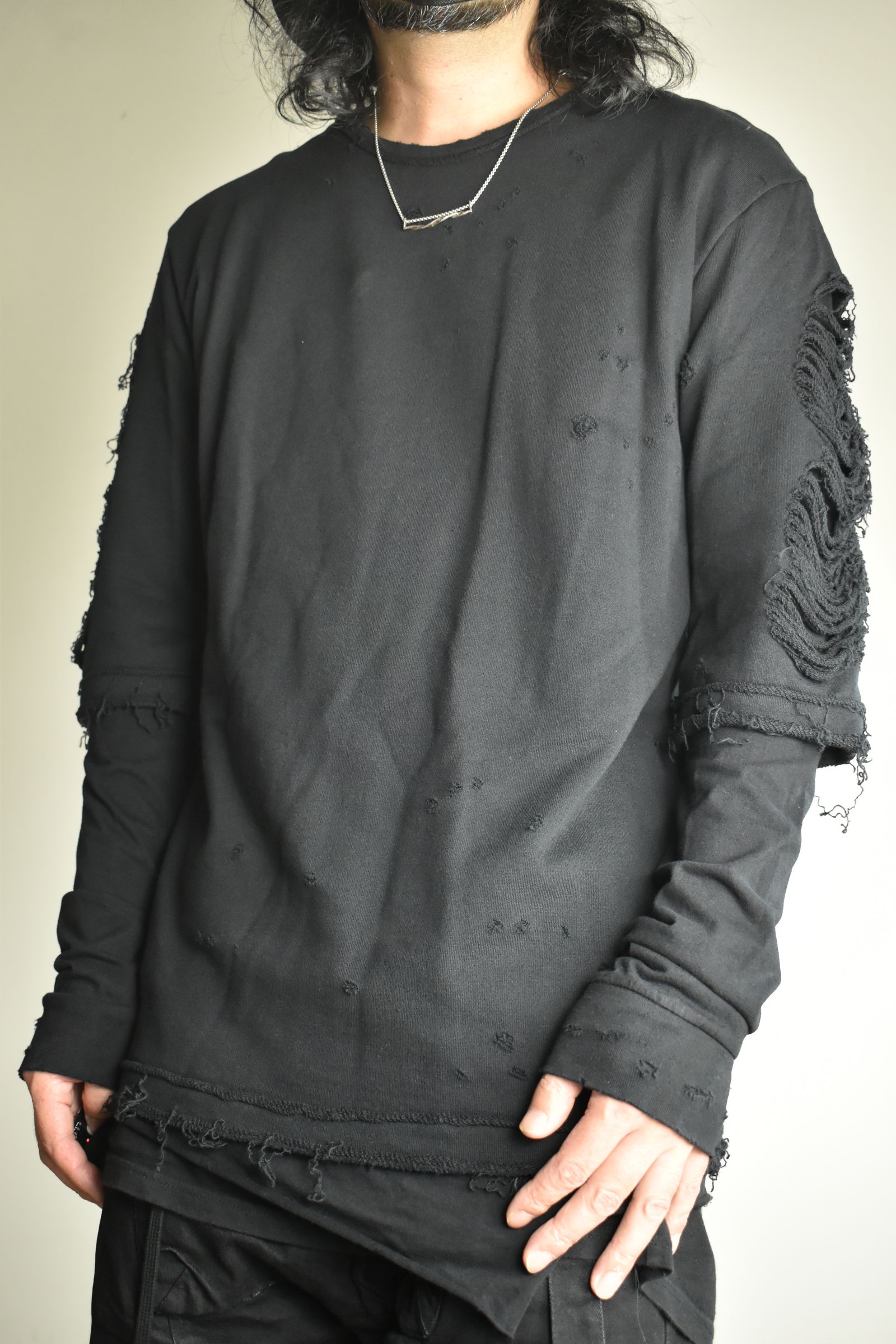 Sweat Shotgun Damage Layered Tee"Black" / 裏毛ショットガンダメージレイヤードTee"ブラック"