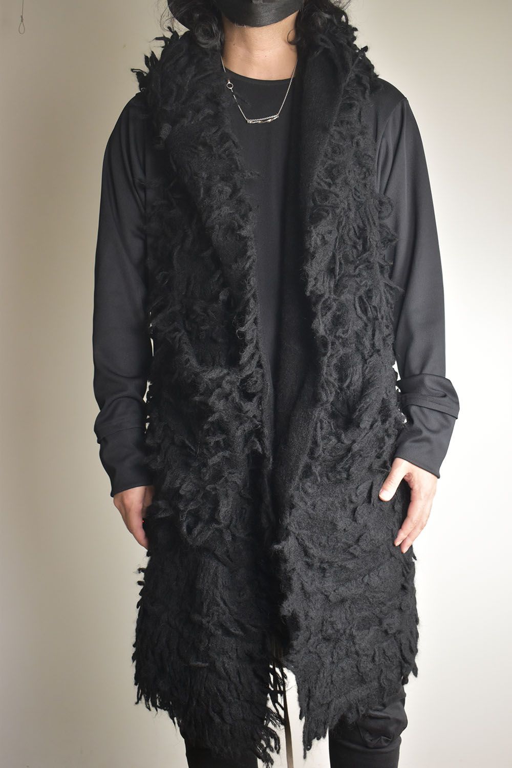 5GG Long Pile Knit Hoodie Stole"Black" / ロングパイルニットフーディストール"ブラック"