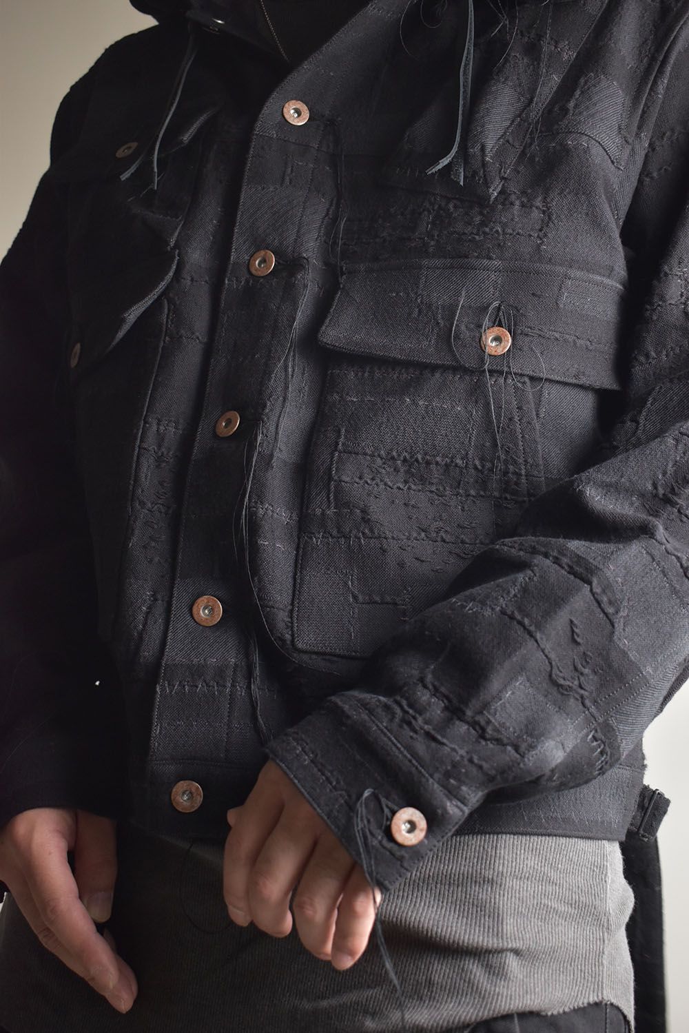 Crust Patchwork Jacquard Hood Attached Jacket "Black" / クラストパッチワークジャガードフードアタッチドジャケット"ブラック"