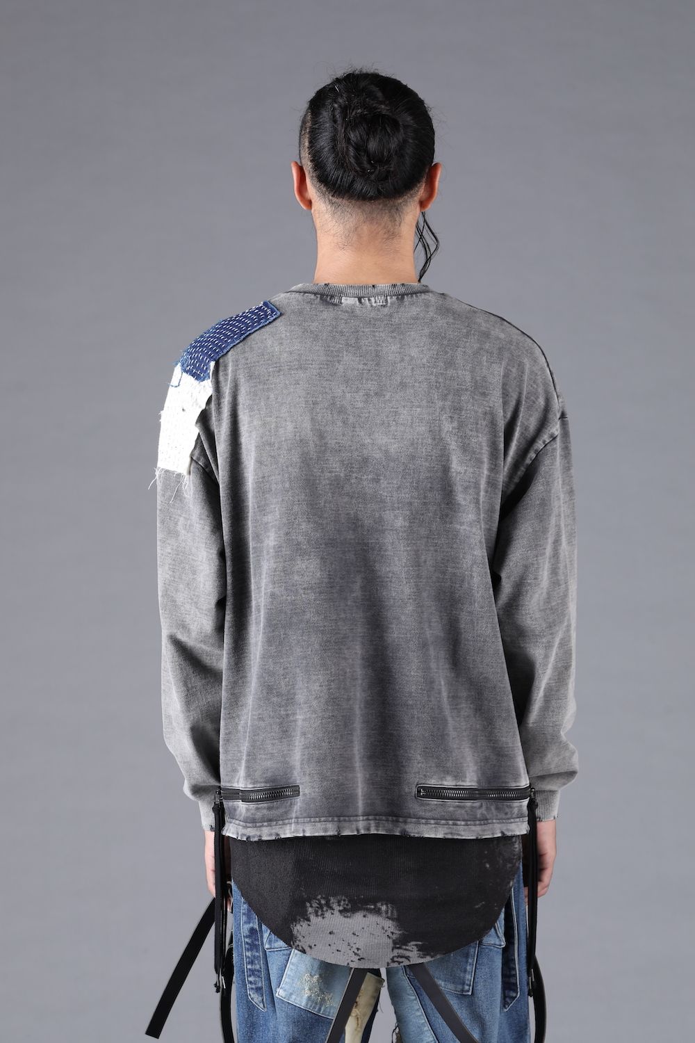 Damage Patch Open High Gauge Long Sleeve Tee"Charcoal" ダメージパッチジップオープンハイゲージロングスリーブTシャツ"チャコール"