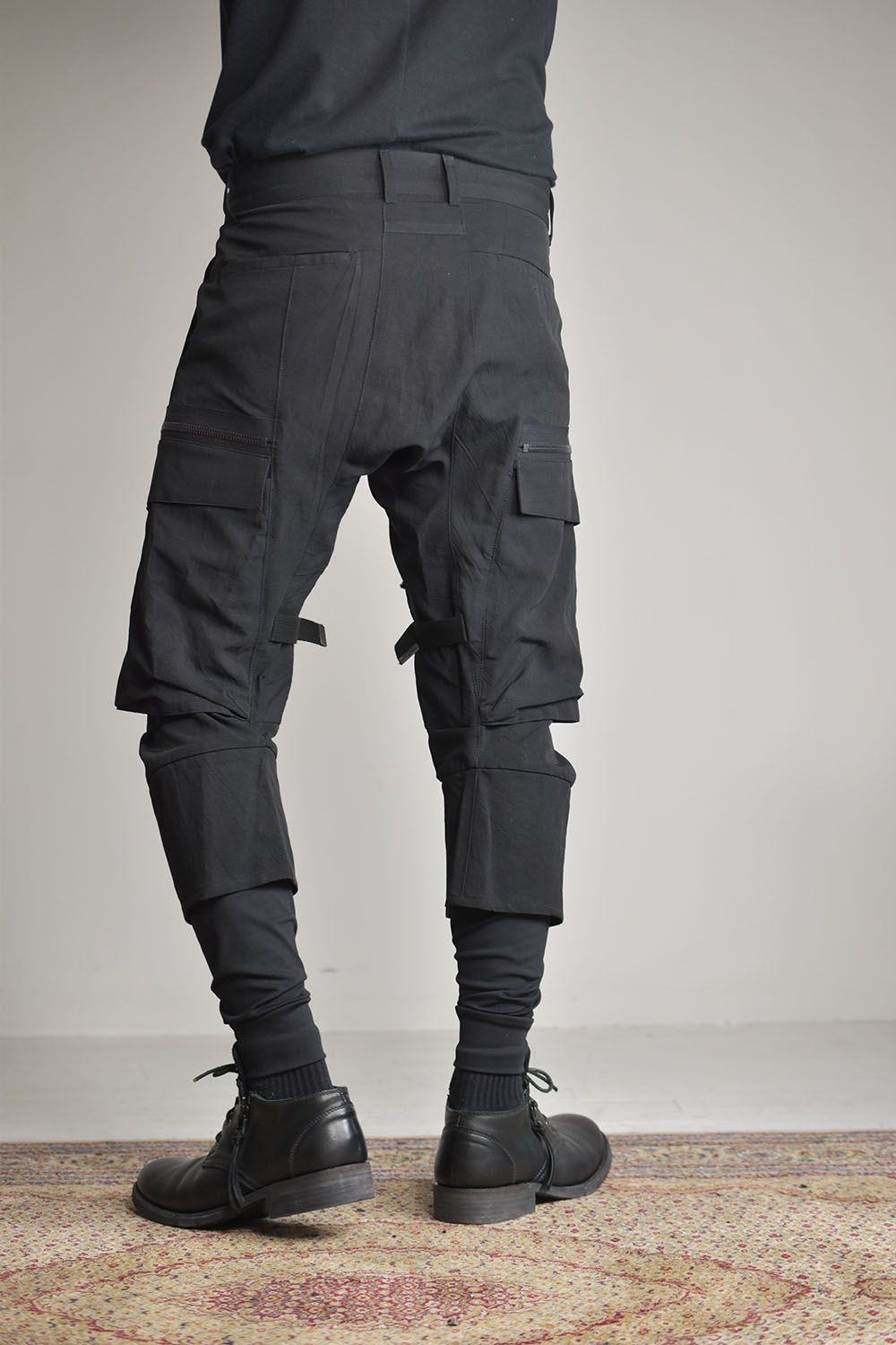 Salt-Shrunk Washed Border Striped Layered Cargo Pants"Black"/塩縮ワッシャードビーボーダーレイヤードカーゴパンツ"ブラック"