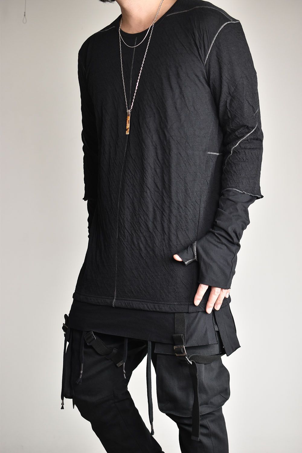 Wool×Cotton Double Face Layered Globe Sleeve Tee"Black/"ウール×コットンダブルフェイスレイヤードグローブスリーブTシャツ"ブラック"