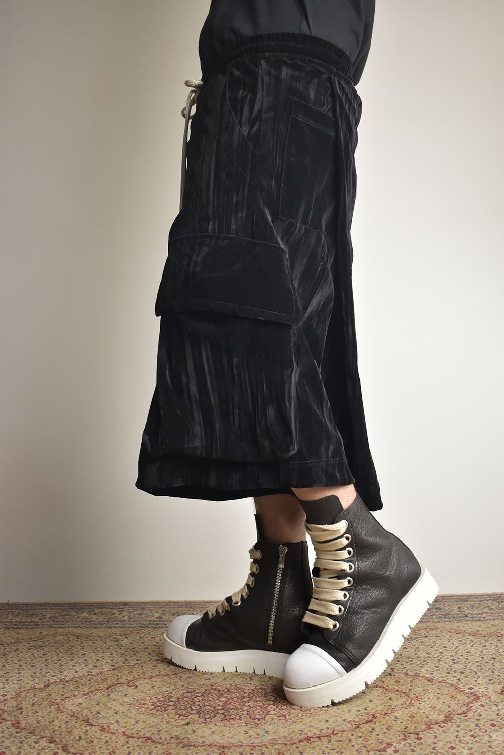 Washer Velour Wrap Skirt Pants"Black" / ワッシャーベロアラップスカートパンツ"ブラック"